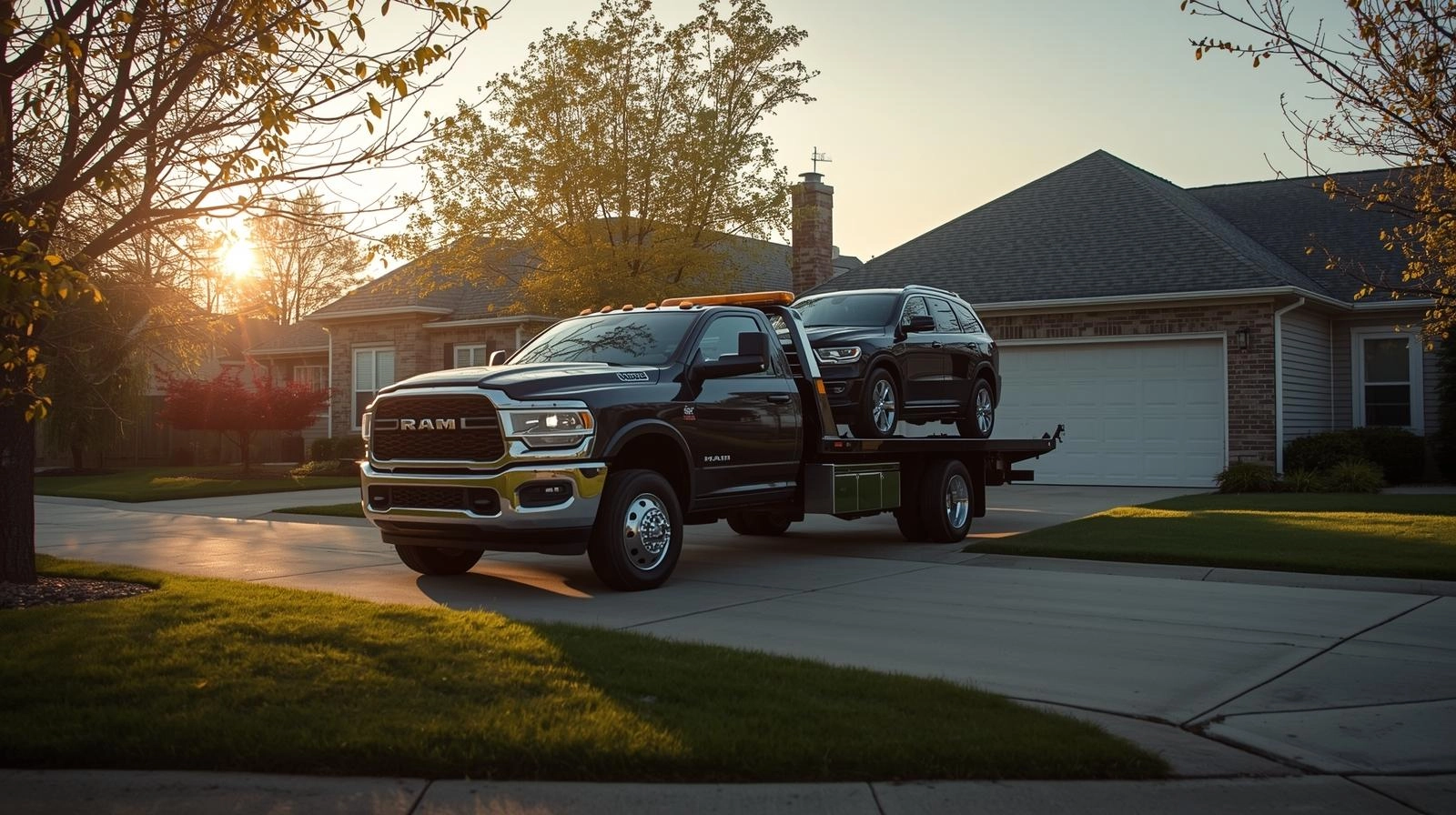 Black RAM tow truck loaded with a dark SUV parked on a suburban driveway in front of a house at sunrise.