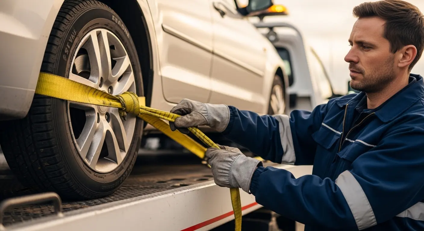 Professional tow truck operator in blue uniform securing a car tire with a yellow strap on a flatbed.
