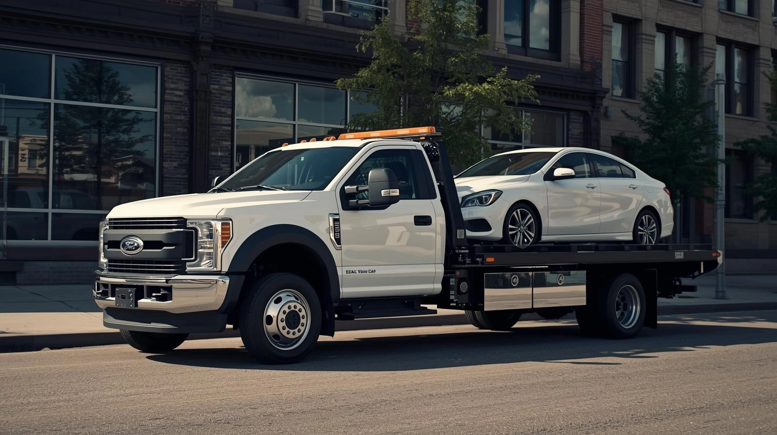 White Ford flatbed tow truck with a white sedan parked on a city street in front of a brick building.