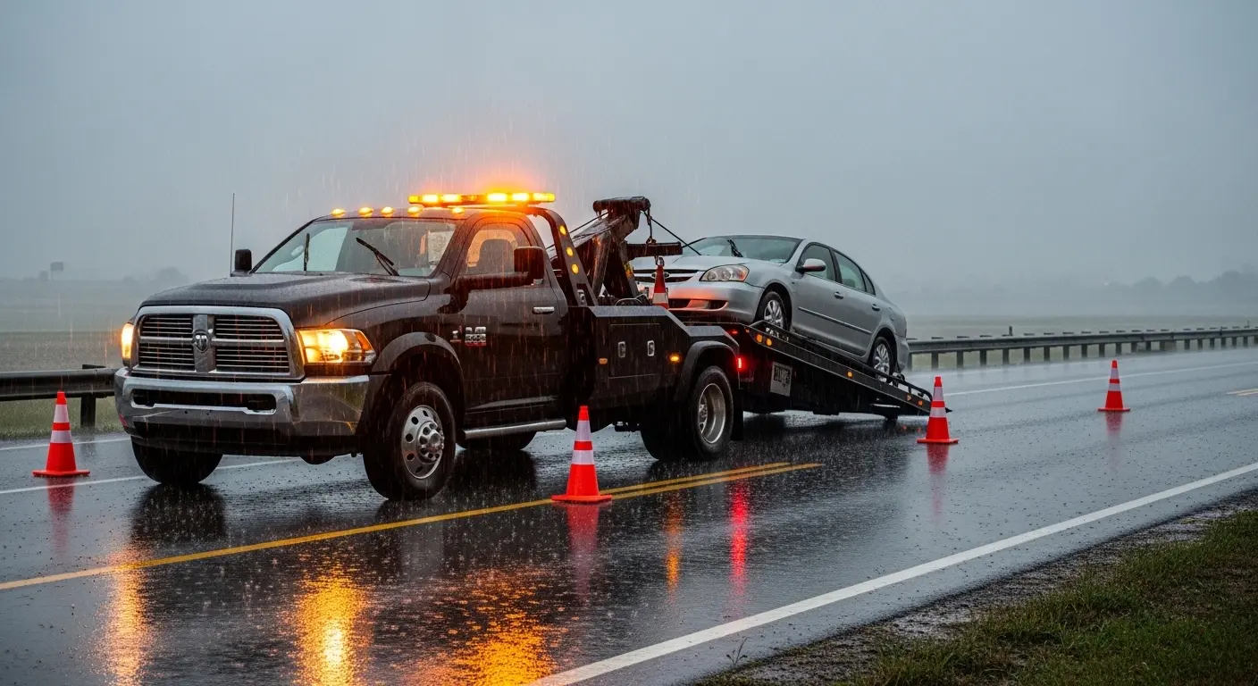 Black RAM tow truck loading a silver sedan on a rainy highway with orange safety cones and flashing lights.
