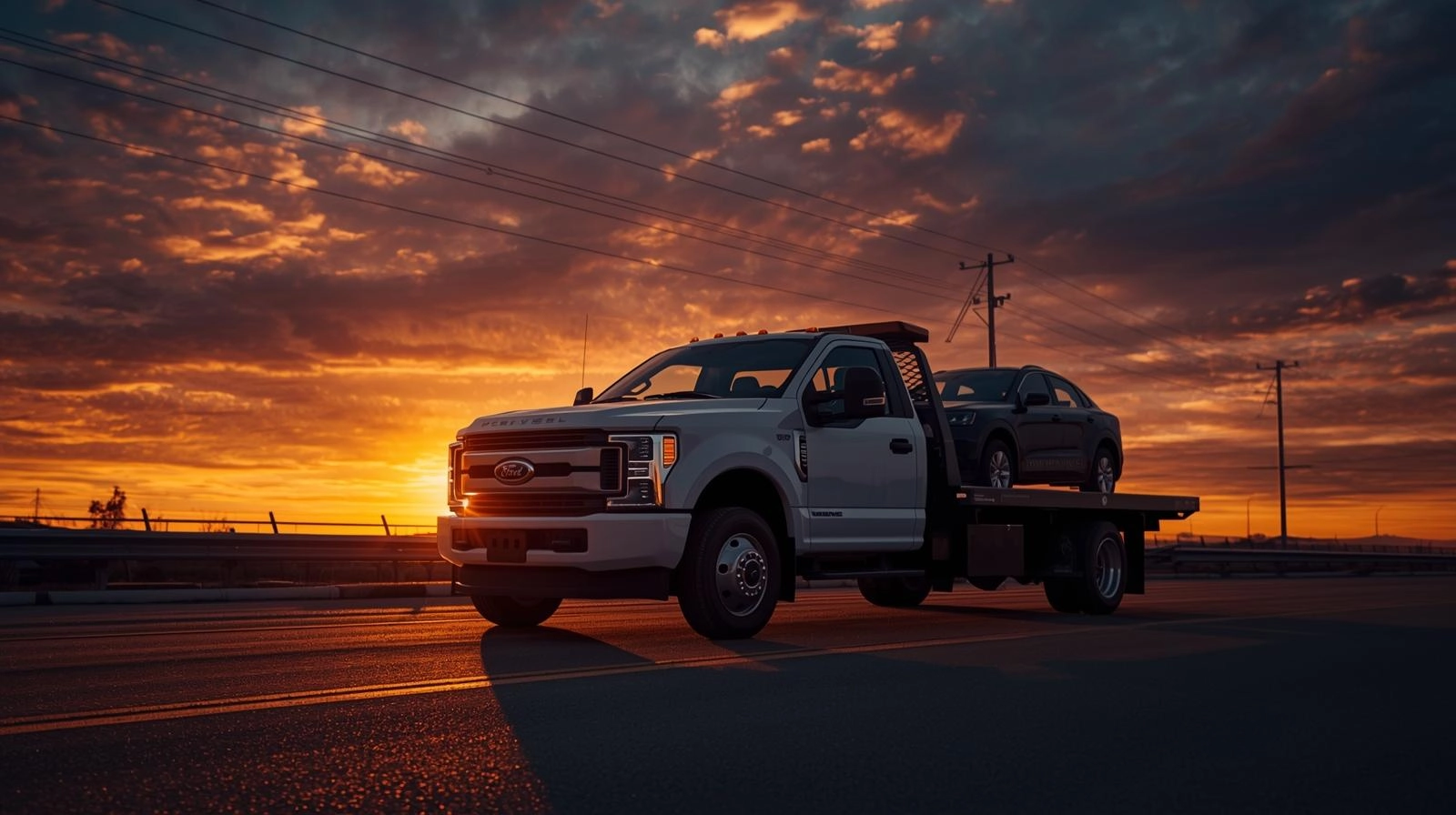 White Ford tow truck carrying a black sedan on a highway at sunset with dramatic orange and purple clouds.