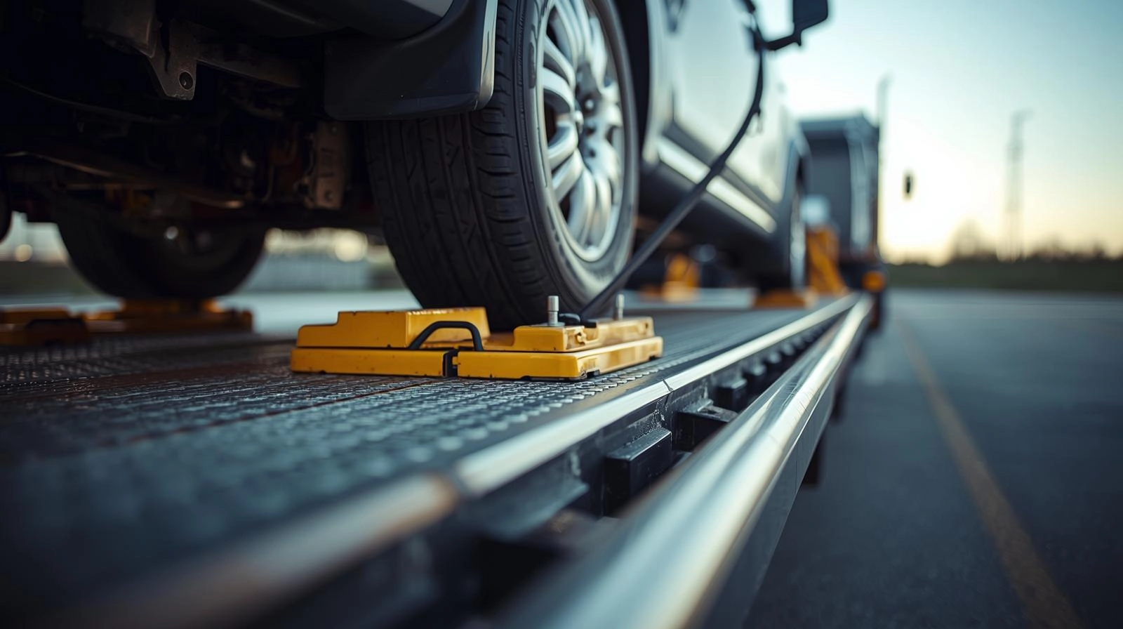 Close-up of a silver car wheel secured with yellow tire chocks on a metal flatbed tow truck trailer.