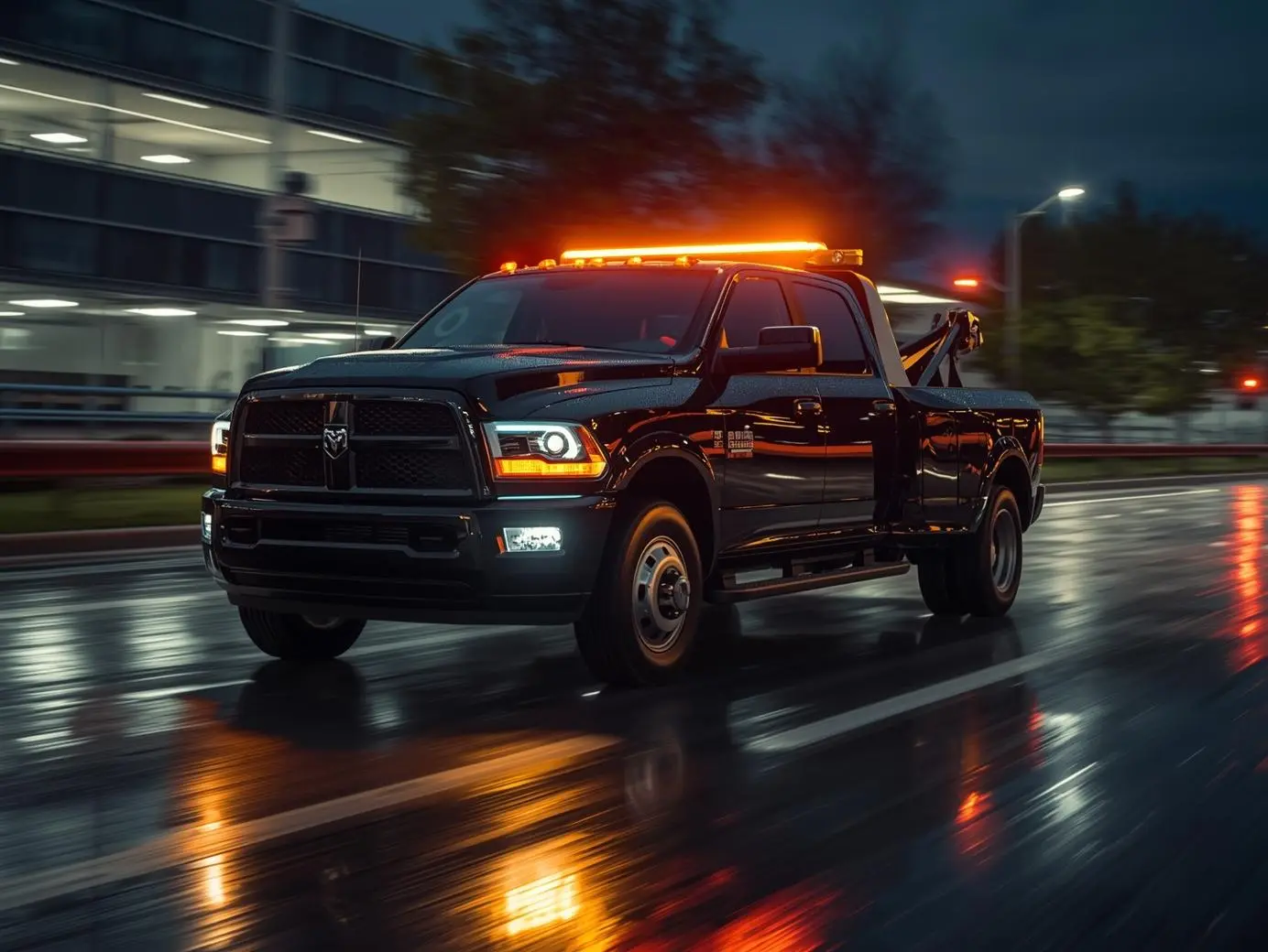 a black dodge tow truck