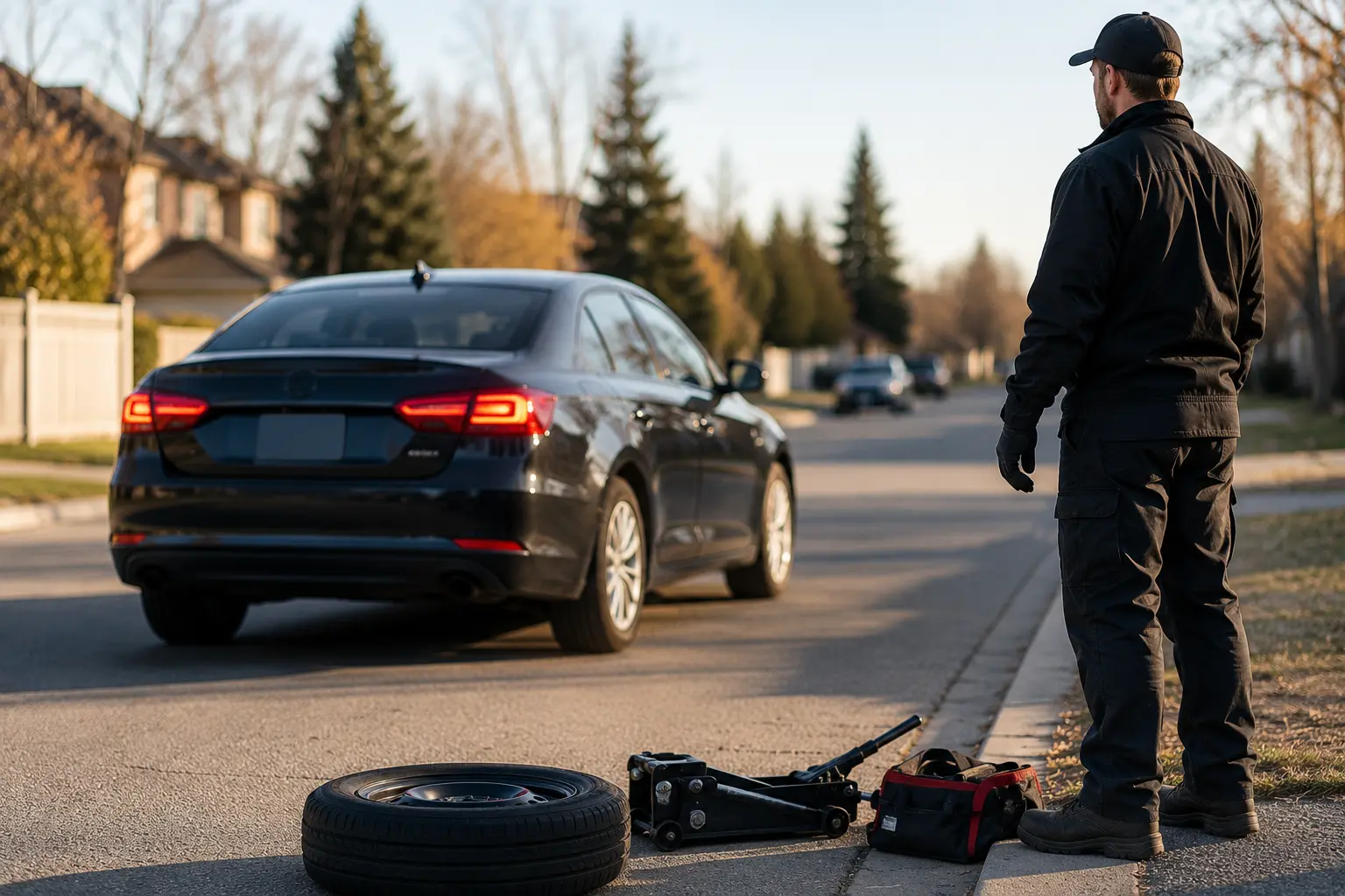Driver back on the road after flat tire change Calgary