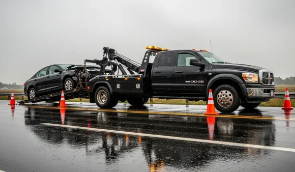 Black Dodge tow truck recovering a crashed car on a wet highway with orange traffic cones and flashing lights.