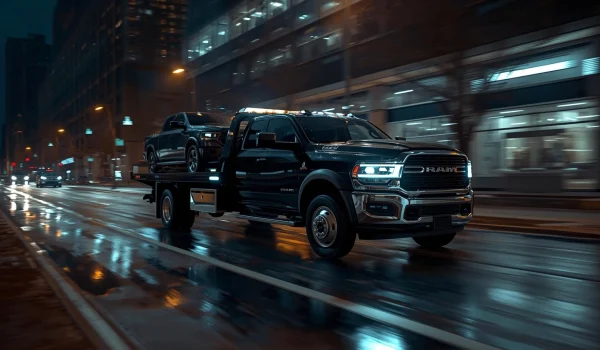 Black RAM flatbed tow truck transporting a pickup truck on a wet city street at night with neon lights.